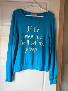 Wildfox Turquoise Scoop Neck Pullover with White Script